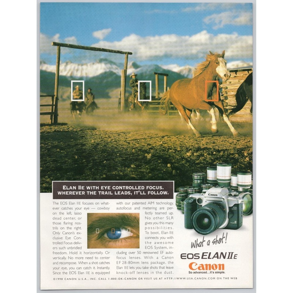 Canon EOS Elan IIE SLR Camera Eye‎ Control Focus Western Action Print Ad 1998